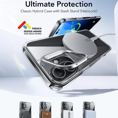 ESR - Classic Hybrid HaloLock Kickstand - iPhone 16 - Clear Black