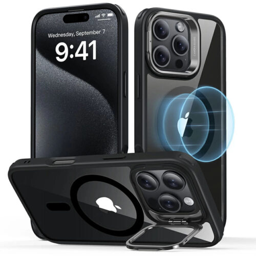 ESR - Classic Hybrid HaloLock Kickstand - iPhone 16 Pro - Clear Black