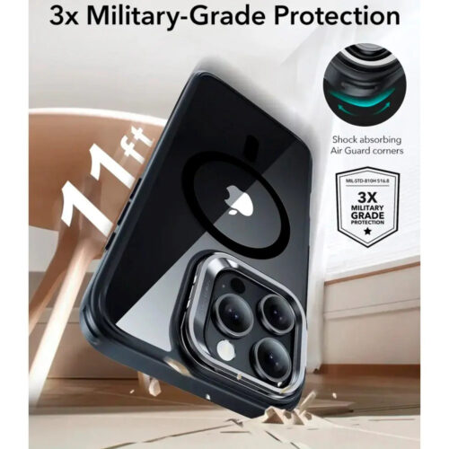 ESR - Classic Hybrid HaloLock Kickstand - iPhone 16 Pro - Clear Black